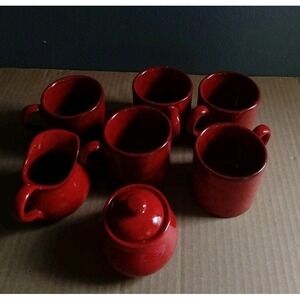 Red Ceramic Coffee Set, 5Cups, Creamer, Sugar‎ Bowl and Lid Included